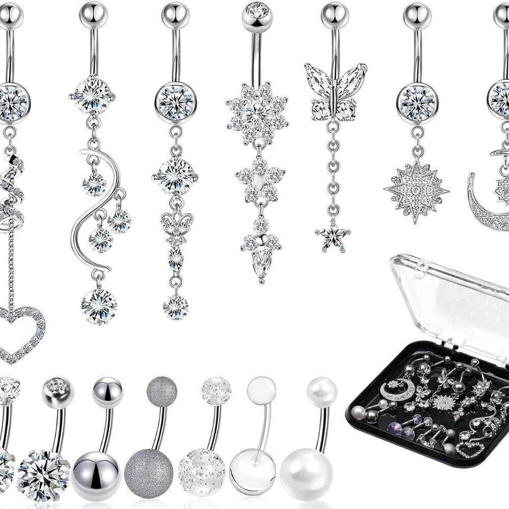 14PCS Belly Button Rings Set Stainless Steel 14G Dangle & Bar Jewelry